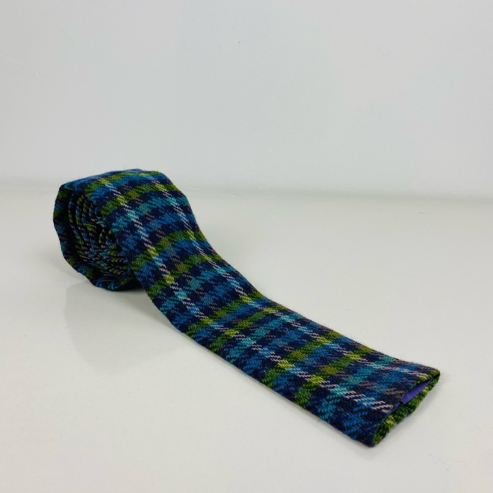 Vintage Rooster Square End Necktie, Blue Plaid Virgin Wool 3" Wide Tie - Picture 8 of 12
